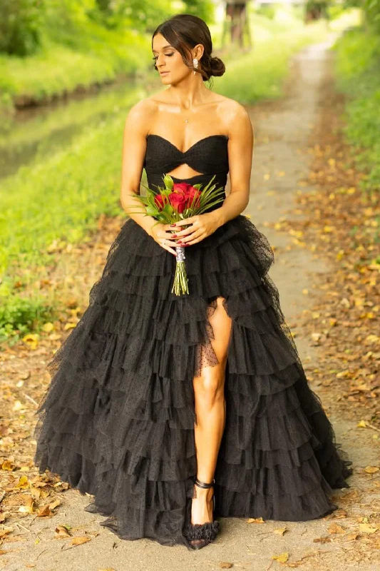 Party dresses with a cut - out design for a daring and edgy styleBlack A-Line Strapless Tiered Tulle Long Prom Dress with Slit Party dresses with a cut - out design for a daring and edgy styleBlack A-Line Strapless Tiered Tulle Long Prom Dress with Slit