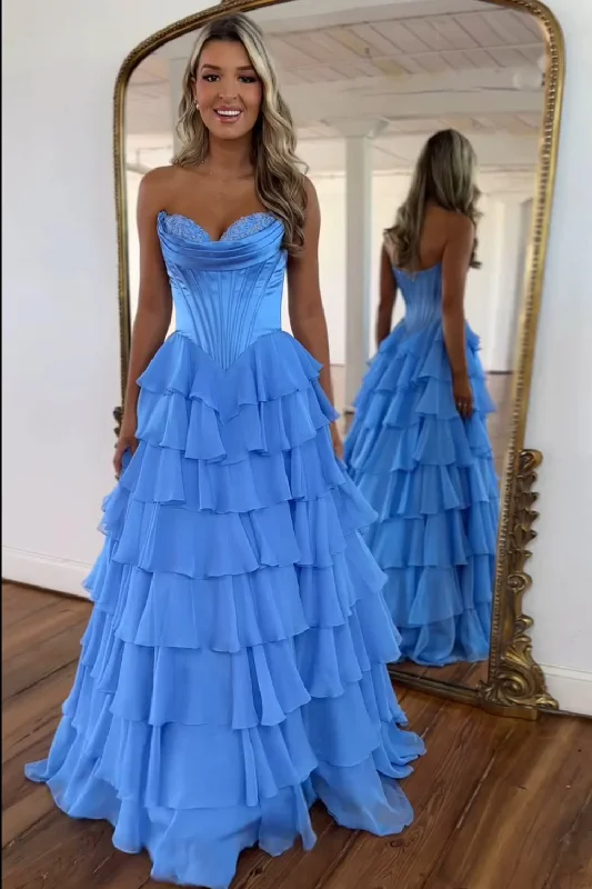 Party dresses with a metallic finish for a shiny and eye - catching effectBlue A-Line Strapless Ruched Corset Tiered Long Prom Dress with Slit Party dresses with a metallic finish for a shiny and eye - catching effectBlue A-Line Strapless Ruched Corset Tiered Long Prom Dress with Slit