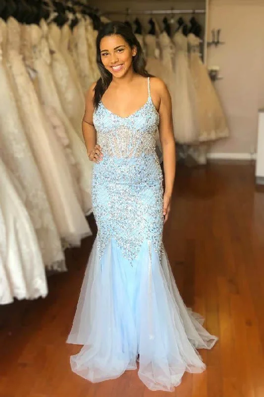 Blue Mermaid Tulle Spaghetti Straps Sequins Prom/Formal Dress  PG999