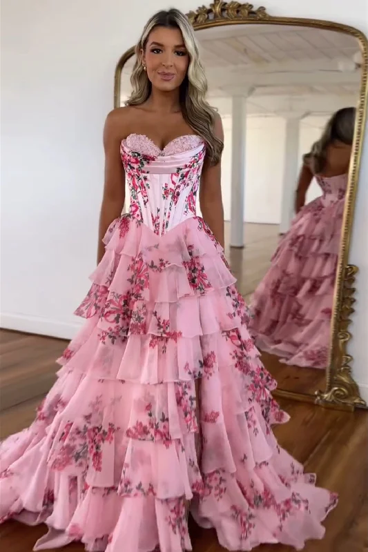 Party dresses with a bow detail for a cute and charming touchBlush A-Line Strapless Corset Floral Tiered Long Prom Dress with Slit Party dresses with a bow detail for a cute and charming touchBlush A-Line Strapless Corset Floral Tiered Long Prom Dress with Slit