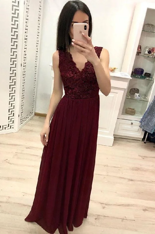 Burgundy Chiffon Lace Appliques Prom Dresses Long Prom Gown   PM203