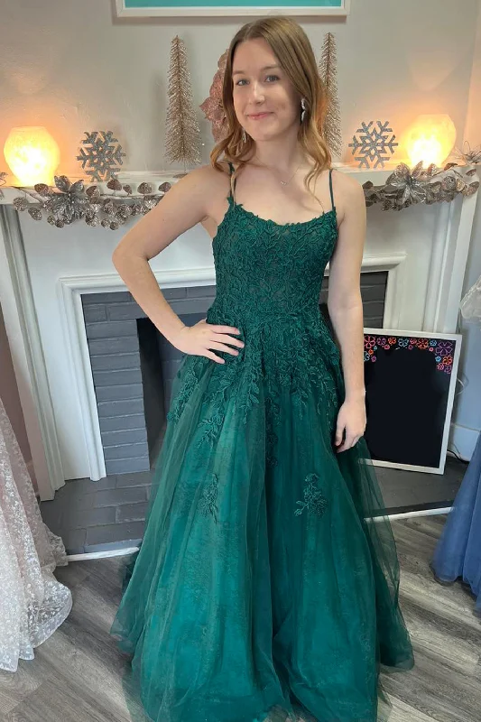 Party dresses with a jacquard pattern for a rich and detailed lookDark Green A-Line Spaghetti Straps Tulle Long Prom Dress with Appliques Party dresses with a jacquard pattern for a rich and detailed lookDark Green A-Line Spaghetti Straps Tulle Long Prom Dress with Appliques