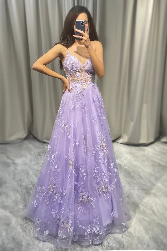 Party dresses with a geometric pattern for a contemporary lookElegant Purple A Line Tulle Long Prom Dress With Appliques Party dresses with a geometric pattern for a contemporary lookElegant Purple A Line Tulle Long Prom Dress With Appliques