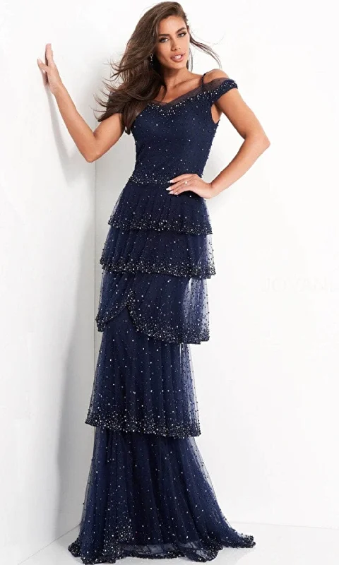 Formal dresses with tiered skirts and pearl embellishments for a luxurious feelJovani 04859 - Off Shoulder Tiered Evening Dress