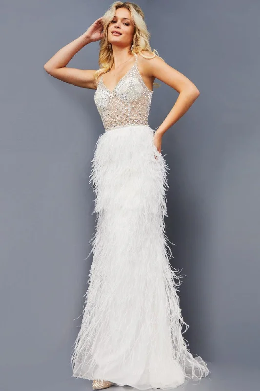 Jovani 08525 Long Spaghetti Strap Feather Skirt Prom Dress