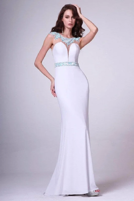 Ladivine 8746 - Ornate Illusion Bateau Neck Sheath Dress