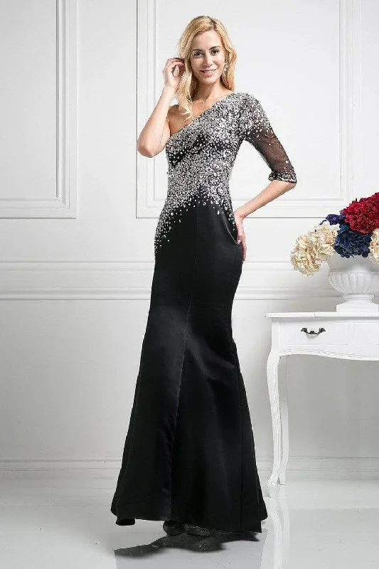 Ladivine 8789 - Embellished Asymmetric Neck Trumpet Dress