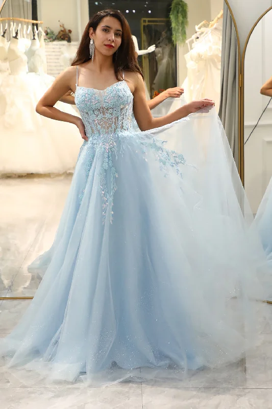 Party dresses with a fringed detail for a fun and dynamic style​Light Blue A Line Long Corset Prom Dress With Appliques