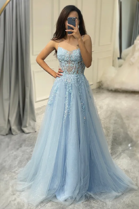 Party dresses with a peplum waist for a feminine and flattering silhouetteLight Blue A Line Tulle Long Corset Appliqued Prom Dress Party dresses with a peplum waist for a feminine and flattering silhouetteLight Blue A Line Tulle Long Corset Appliqued Prom Dress