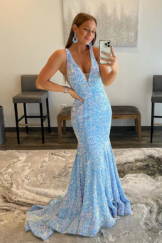 Light Blue Deep V Neck Mermaid Prom Dress