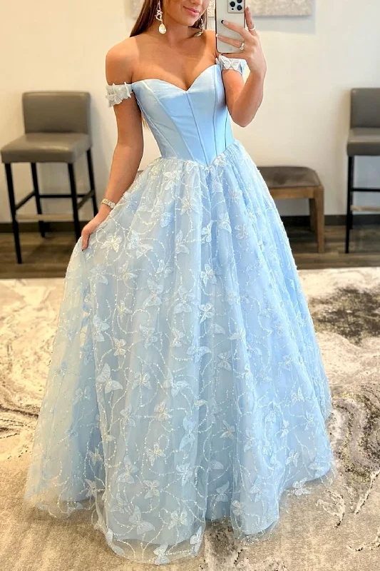 Light Blue Lace Off the Shoulder Lace Long Prom Dress