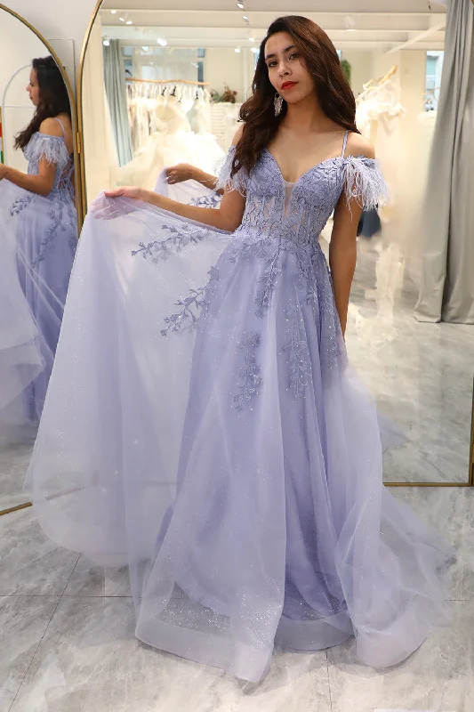 Short - length party dresses with a ruffled skirt for a flirty lookLilac A Line Long Corset Prom Dress With Appliques Short - length party dresses with a ruffled skirt for a flirty lookLilac A Line Long Corset Prom Dress With Appliques