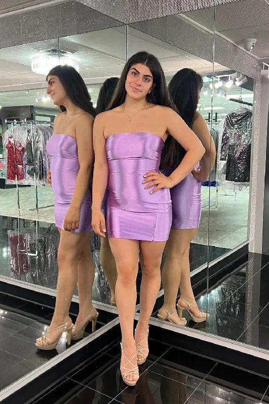 Lilac Satin Tight Strapless Short Prom Dress