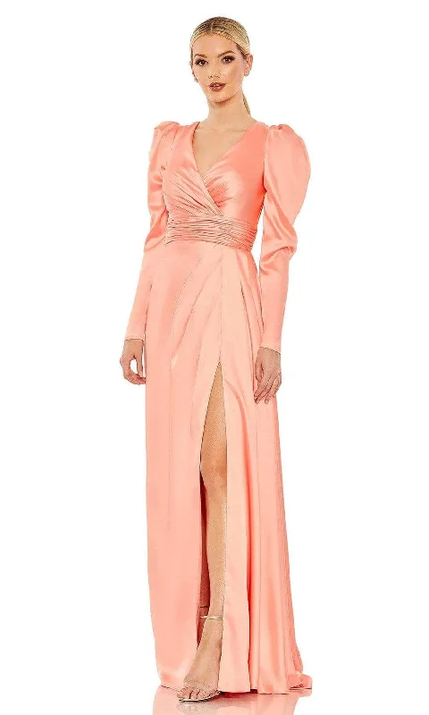 A - line formal dresses with beaded lace appliques for formal eventsMac Duggal - 12404 Puff Sleeve Wrap Gown A - line formal dresses with beaded lace appliques for formal eventsMac Duggal - 12404 Puff Sleeve Wrap Gown