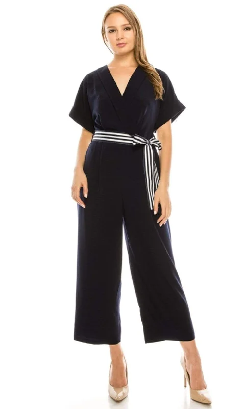 Maggy London - G4082M Short Sleeve Stripe Belted Capri Jumpsuit