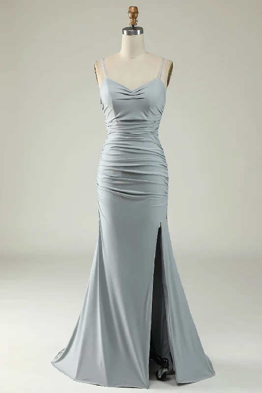 Mermaid Grey Long Prom Dress with Slit