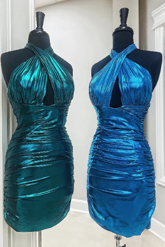 Metallic Emerald Green Tight Halter Ruched Short Prom Dress