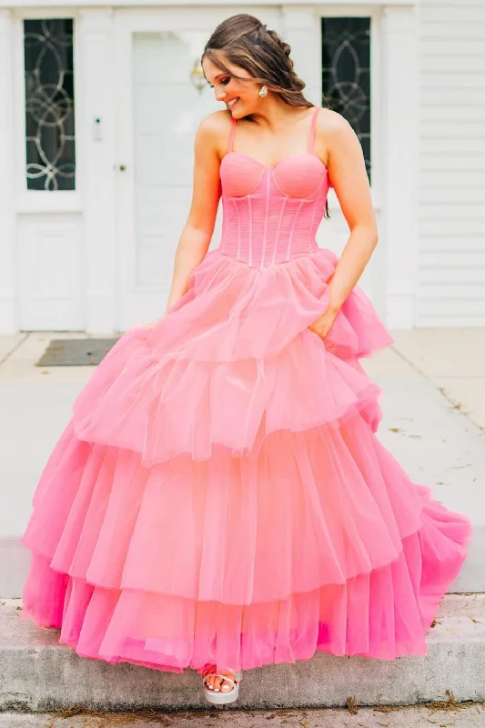 Retro - style party dresses inspired by the 1920s - 1980sPink A-Line Spaghetti Straps Corset Tiered Tulle Long Prom Dress Retro - style party dresses inspired by the 1920s - 1980sPink A-Line Spaghetti Straps Corset Tiered Tulle Long Prom Dress