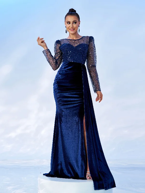 Plus Long Sleeve Mesh Velvet Ruched Prom Dress MES00636