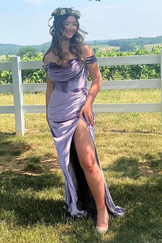 Sparkly sequined party dresses for a glamorous lookPurple Mermaid Off the Shoulder Ruched Corset Velvet Long Prom Dress with Slit Sparkly sequined party dresses for a glamorous lookPurple Mermaid Off the Shoulder Ruched Corset Velvet Long Prom Dress with Slit