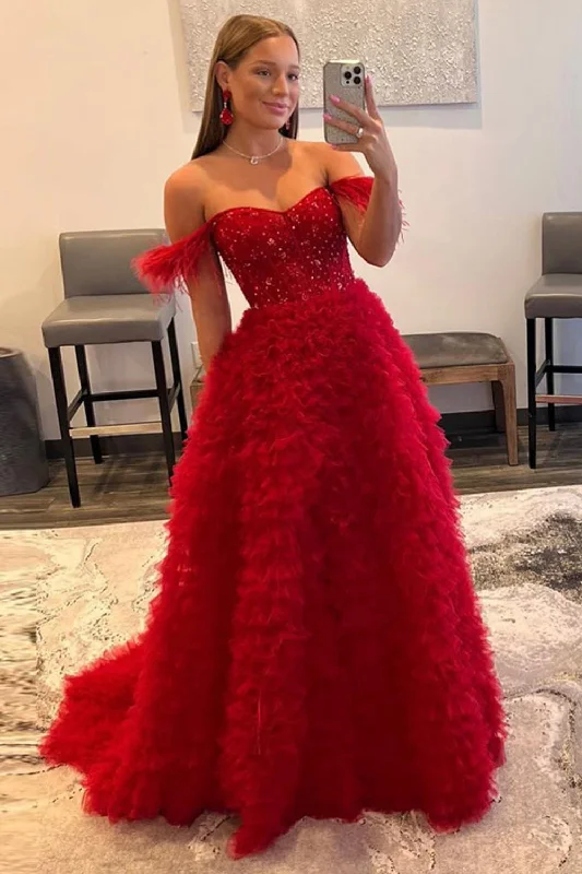 Red Off the Shoulder A-Line Princess Prom Dress