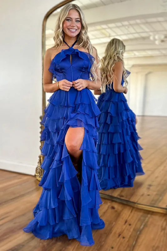 Party dresses with a V - neck design to enhance the necklineRoyal Blue A-Line Halter Corset Tiered Chiffon Long Prom Dress with Slit Party dresses with a V - neck design to enhance the necklineRoyal Blue A-Line Halter Corset Tiered Chiffon Long Prom Dress with Slit