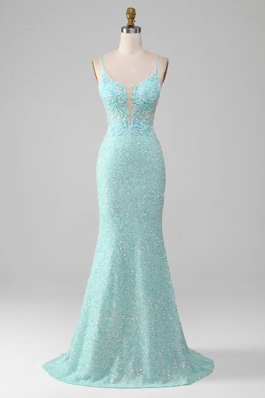 Gothic - style party dresses for a dark and mysterious look​Sequins Sparkly Mermaid Light Green Prom Dress with Slit