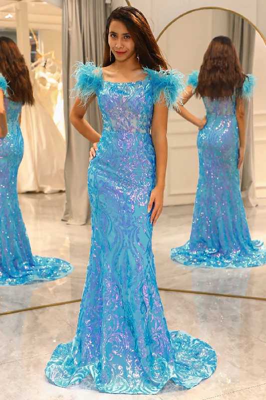 Party dresses with a satin - lined interior for added comfortShiny Light Blue Mermaid Long Prom Dress With Feather Party dresses with a satin - lined interior for added comfortShiny Light Blue Mermaid Long Prom Dress With Feather