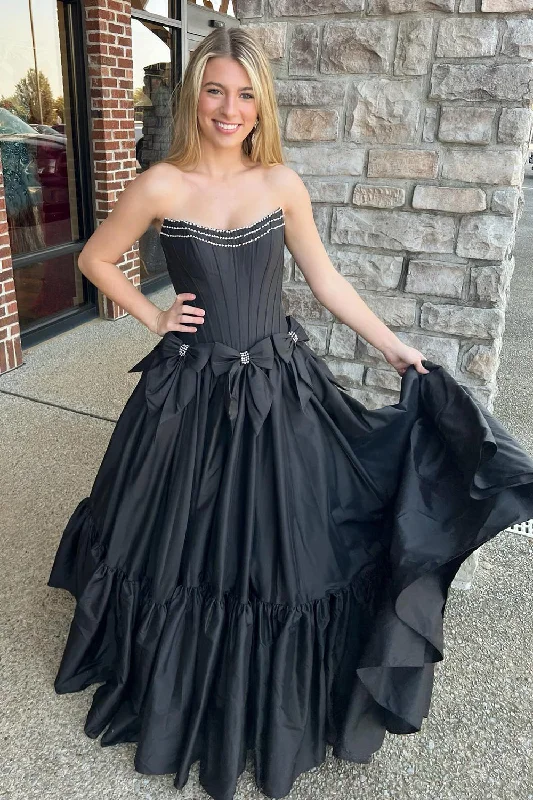 Short - length party dresses with a ruffled skirt for a flirty lookSparkly Black A-Line Strapless Beaded Corset Long Prom Dress with Bows Short - length party dresses with a ruffled skirt for a flirty lookSparkly Black A-Line Strapless Beaded Corset Long Prom Dress with Bows