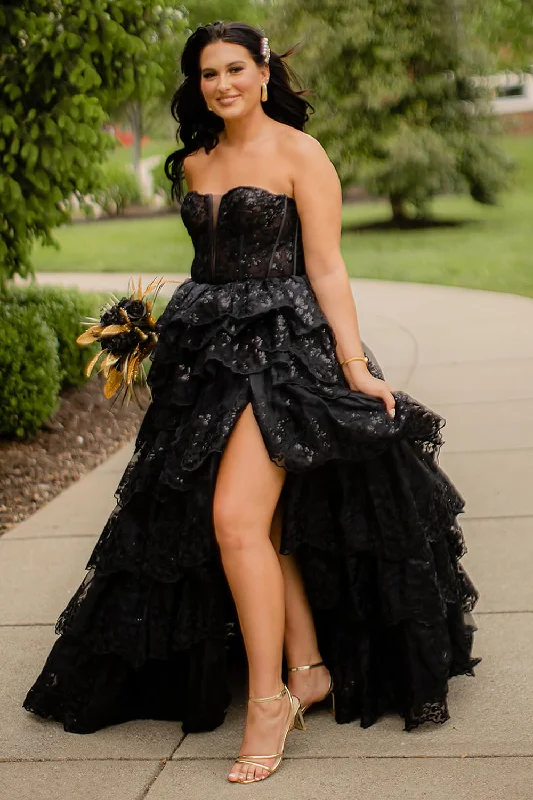 Tulle party dresses with a fairy - tale charm for formal occasionsSparkly Black A-Line Strapless Corset Tiered Sequined Long Prom Dress with Slit Tulle party dresses with a fairy - tale charm for formal occasionsSparkly Black A-Line Strapless Corset Tiered Sequined Long Prom Dress with Slit