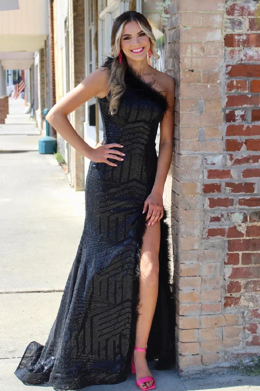 Party dresses with a mermaid silhouette for a figure - hugging fitSparkly Black Mermaid Feathered One Shoulder Sequins Long Prom Dress with Slit Party dresses with a mermaid silhouette for a figure - hugging fitSparkly Black Mermaid Feathered One Shoulder Sequins Long Prom Dress with Slit