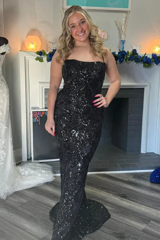 Party dresses with a criss - cross back design for a stylish detailSparkly Black Mermaid Sequined Spaghetti Straps Long Prom Dress Party dresses with a criss - cross back design for a stylish detailSparkly Black Mermaid Sequined Spaghetti Straps Long Prom Dress
