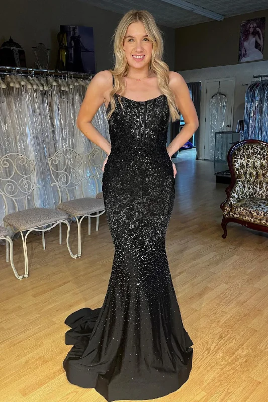 Long - length party dresses with a high - low hem for a trendy styleSparkly Black Mermaid Spaghetti Straps Beaded Corset Long Prom Dress Long - length party dresses with a high - low hem for a trendy styleSparkly Black Mermaid Spaghetti Straps Beaded Corset Long Prom Dress