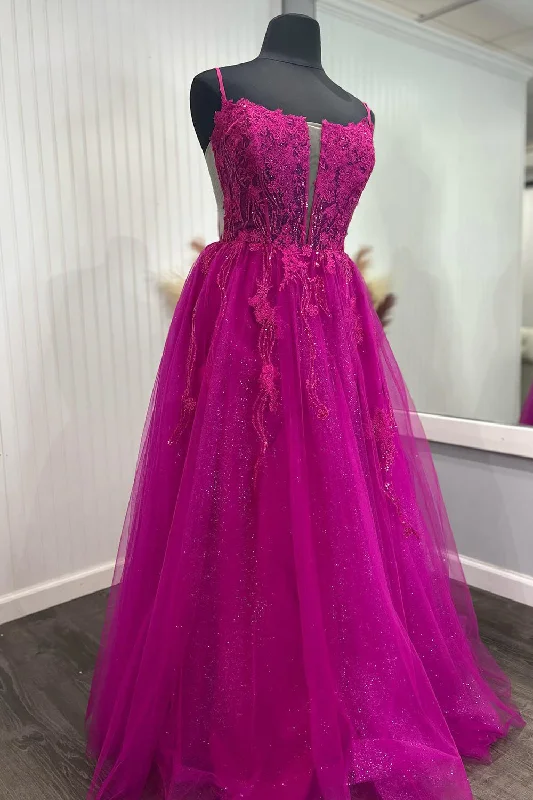 Party dresses with a metallic - thread embroidery for a luxurious touchSparkly Fuchsia A-Line Spaghetti Straps Corset Tulle Long Prom Dress with Appliques Party dresses with a metallic - thread embroidery for a luxurious touchSparkly Fuchsia A-Line Spaghetti Straps Corset Tulle Long Prom Dress with Appliques