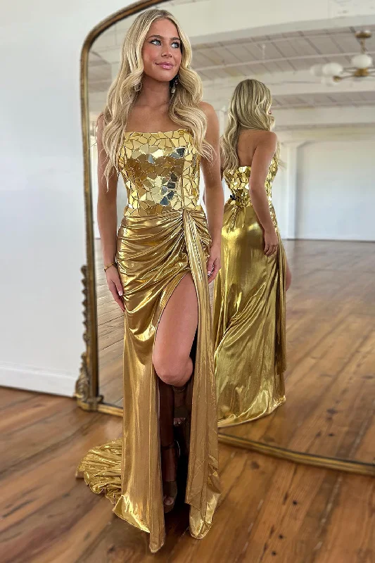 Gothic - style party dresses for a dark and mysterious lookSparkly Gold Mermaid Strapless Mirrors Long Prom Dress with Slit Gothic - style party dresses for a dark and mysterious lookSparkly Gold Mermaid Strapless Mirrors Long Prom Dress with Slit