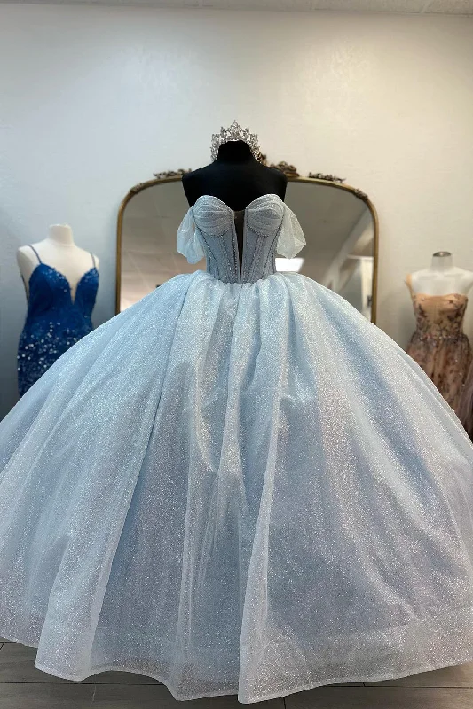 A - line party dresses with a floral print for spring eventsSparkly Light Blue A-Line Off the Shoulder Beaded Corset Tulle Long Prom Dress A - line party dresses with a floral print for spring eventsSparkly Light Blue A-Line Off the Shoulder Beaded Corset Tulle Long Prom Dress