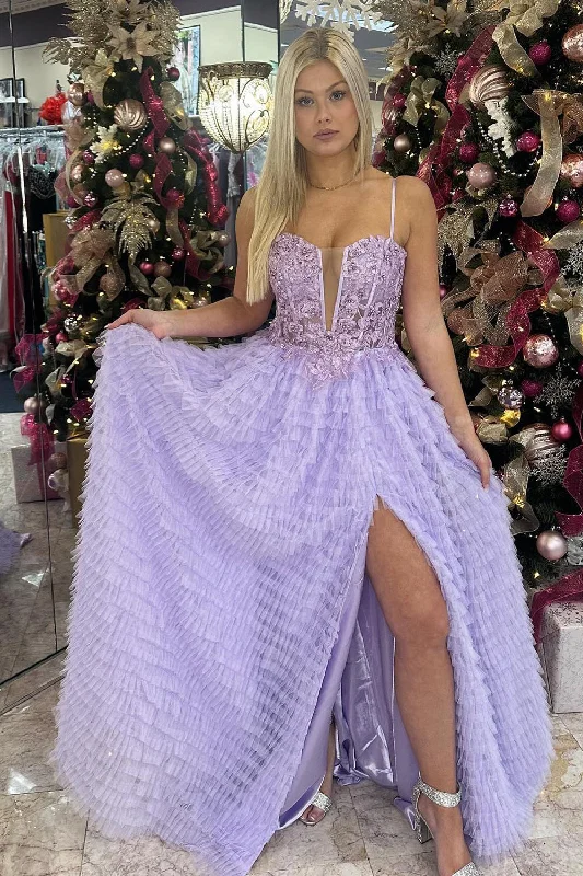 Ball gown party dresses with a full skirt for a princess - like lookSparkly Lilac A-Line Spaghetti Straps Corset Appliques Ruffle Long Prom Dress with Slit Ball gown party dresses with a full skirt for a princess - like lookSparkly Lilac A-Line Spaghetti Straps Corset Appliques Ruffle Long Prom Dress with Slit