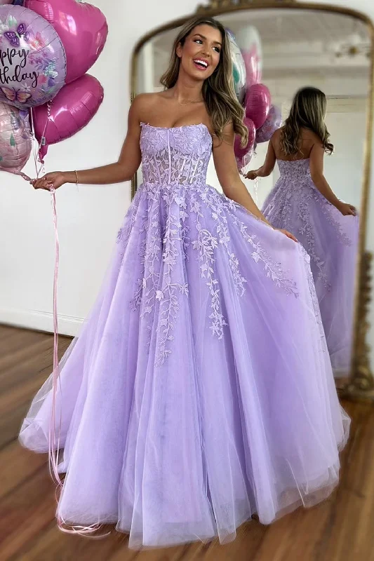 Party dresses with a detachable train for added versatilitySparkly Lilac A-Line Strapless Corset Tulle Long Prom Dress with Appliques Party dresses with a detachable train for added versatilitySparkly Lilac A-Line Strapless Corset Tulle Long Prom Dress with Appliques