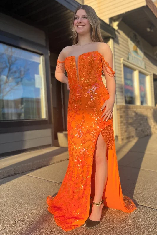 Party dresses with a ruched fabric for a textured and flattering effectSparkly Orange Mermaid Off the Shoulder Tassels Sequined Long Prom Dress with Slit Party dresses with a ruched fabric for a textured and flattering effectSparkly Orange Mermaid Off the Shoulder Tassels Sequined Long Prom Dress with Slit