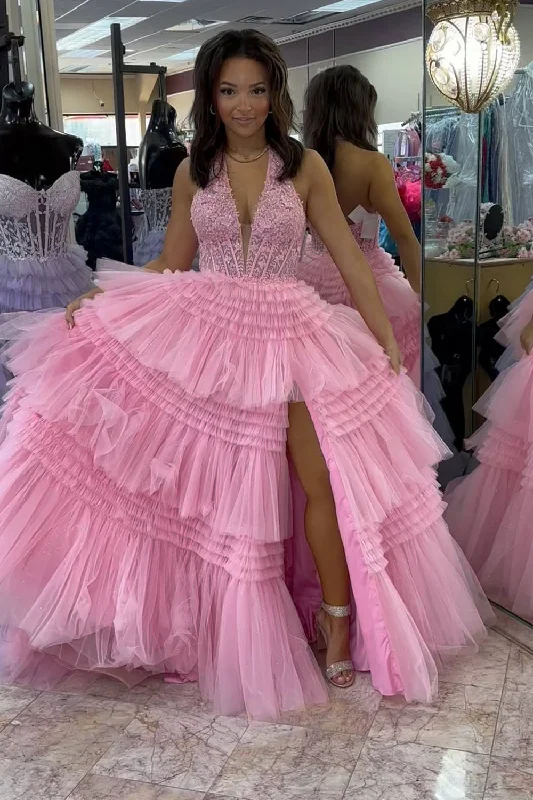 Empire - waist party dresses to accentuate the waistlineSparkly Pink A-Line Halter Corset Tiered Appliques Long Prom Dress with Slit Empire - waist party dresses to accentuate the waistlineSparkly Pink A-Line Halter Corset Tiered Appliques Long Prom Dress with Slit