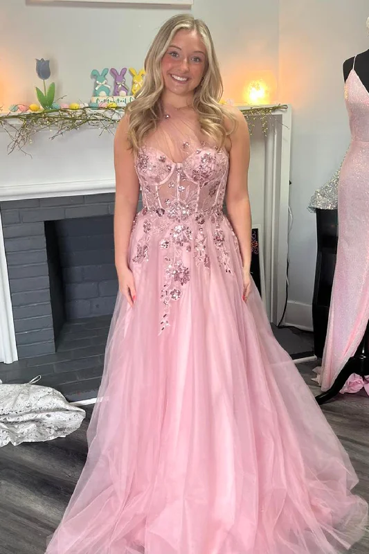 Party dresses with a pom - pom trim for a fun and festive touchSparkly Pink A-Line One Shoulder Corset Tulle Long Prom Dress with Appliques Party dresses with a pom - pom trim for a fun and festive touchSparkly Pink A-Line One Shoulder Corset Tulle Long Prom Dress with Appliques