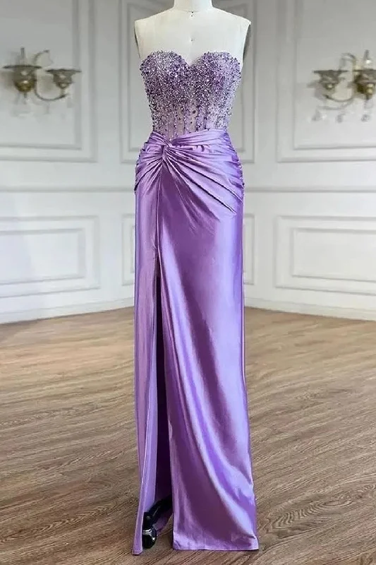 Party dresses with a mermaid silhouette for a figure - hugging fitSparkly Purple Mermaid Strapless Corset Satin Long Prom Dress with Slit Party dresses with a mermaid silhouette for a figure - hugging fitSparkly Purple Mermaid Strapless Corset Satin Long Prom Dress with Slit