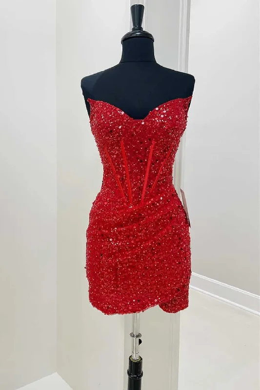 Sparkly Red Sequins Corset Strapless Tight Short Prom Dress