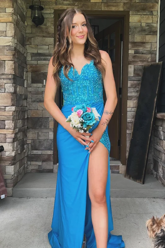 Strapless party dresses with a beaded bodice for added eleganceSparkly Turquoise Mermaid Spaghetti Straps Corset Appliques Long Prom Dress with Slit Strapless party dresses with a beaded bodice for added eleganceSparkly Turquoise Mermaid Spaghetti Straps Corset Appliques Long Prom Dress with Slit