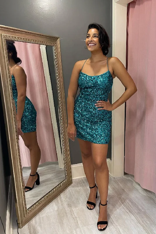 Sparkly Turquoise Tight Sequins Lace-Up Short Prom Dress