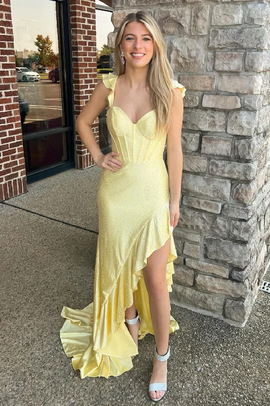 Cocktail party dresses in a classic little black dress styleSparkly Yellow Mermaid Beading Corset Ruffle Long Prom Dress with Slit Cocktail party dresses in a classic little black dress styleSparkly Yellow Mermaid Beading Corset Ruffle Long Prom Dress with Slit