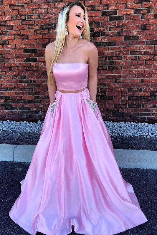 Strapless Two Piece Pink Long Beaded Prom Dress with Pockets PM236