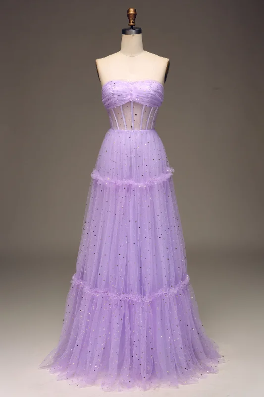 Midi - length party dresses for a modest and fashionable choiceTulle Strapless Purple Corset Prom Dress Midi - length party dresses for a modest and fashionable choiceTulle Strapless Purple Corset Prom Dress