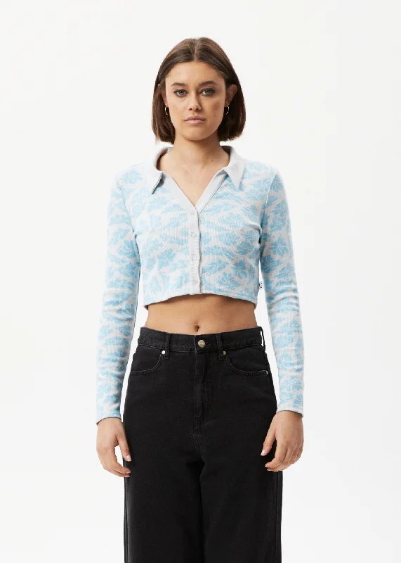 Cropped Women Long Sleeve Top to Pair with High - Waisted BottomsAFENDS Womens Billie - Ribbed Floral Long Sleeve Shirt - Smoke Blue Cropped Women Long Sleeve Top to Pair with High - Waisted BottomsAFENDS Womens Billie - Ribbed Floral Long Sleeve Shirt - Smoke Blue