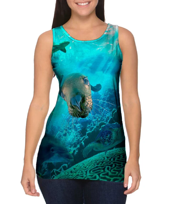 Plus Size Women's Glitter - Trimmed Tank Tops for Party NightsAquatic Collage